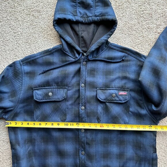 Dickies Jacket Mens XL Button Up Fleece Lined Blue Black Hood Pockets Workwear - Picture 7 of 12